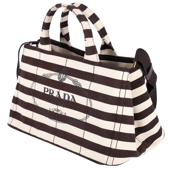 PRADA Canapa Large Canvas Tote Bag Brown White Stripe Shoulder Bag - Picture 5 of 16